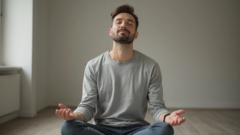 Man met gesloten ogen in meditatiehouding in rustige kamer met zachte natuurlijke verlichting
