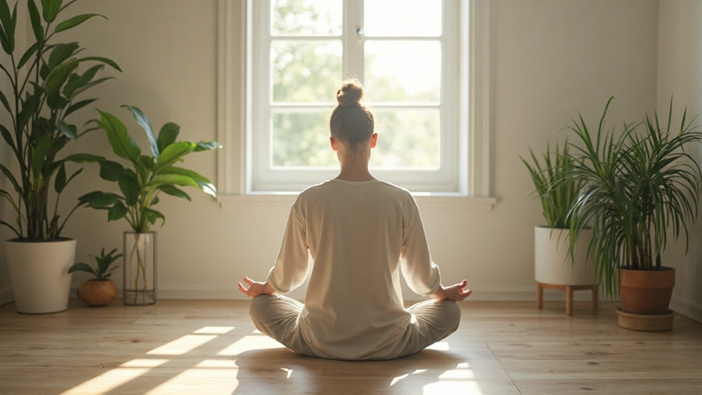 Rustige meditatieplek met zachte natuurlijke verlichting en groene planten in minimalistisch interieur