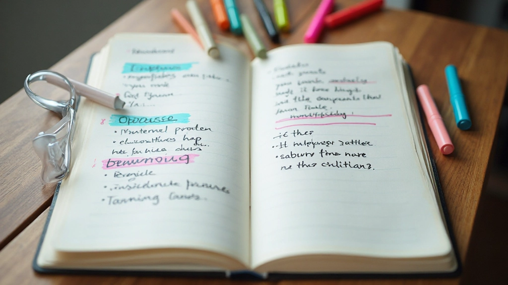 Geopend notitieboekje met handgeschreven notities, kleurmarkeringen en pijlen die gedachtepatronen tonen op wit papier