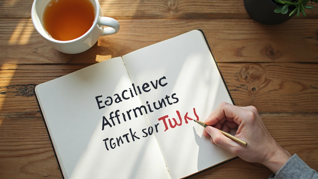 Notitieboek met positieve affirmaties geschreven in verschillende kleuren op houten tafel met kopje thee