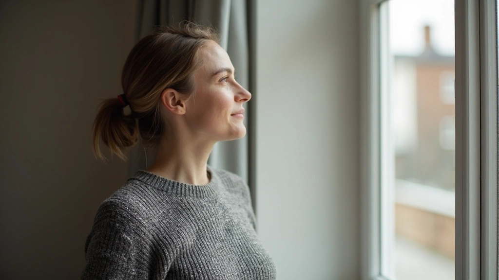 Close-up van iemand die meditatief naar buiten kijkt door raam met zachte daglicht