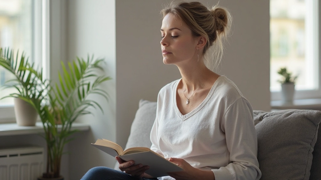 Persoon zit rustig met gesloten ogen en notitieboek op schoot in een rustige, natuurlijke omgeving met zacht licht