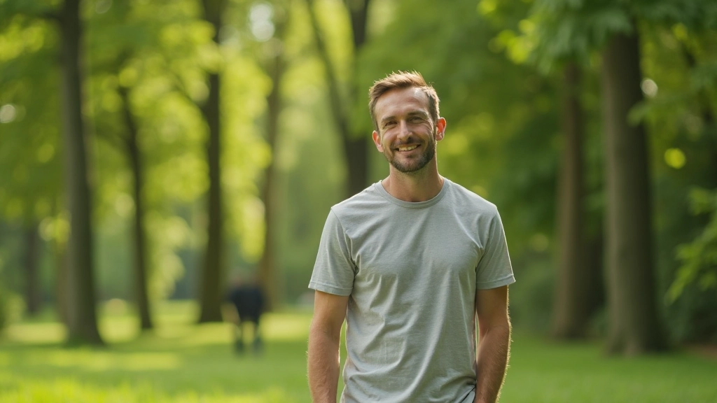Persoon die buiten loopt met ontspannen houding en glimlach in natuurlijke groene omgeving