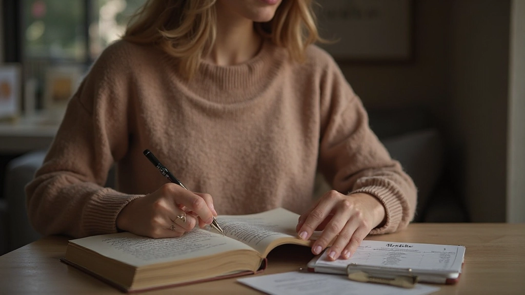 Vrouw schrijft doelen en positieve gedachten in een persoonlijk dagboek met pen in hand