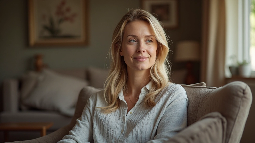 Vrouw zittend in comfortabele leunstoel in rustige woonkamer, vredig moment van zelfbezinning