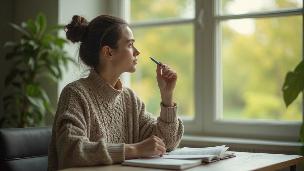 Vrouw zit aan bureau met notitieboek en kijkt peinzend uit het raam naar groen landschap