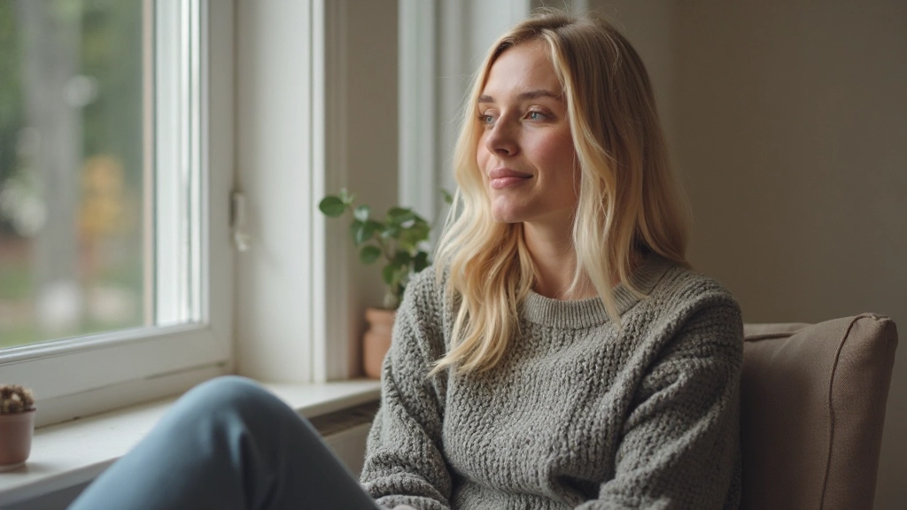 Vrouw in reflectieve pose bij raam in ochtendlicht, omgeven door comfort en rust