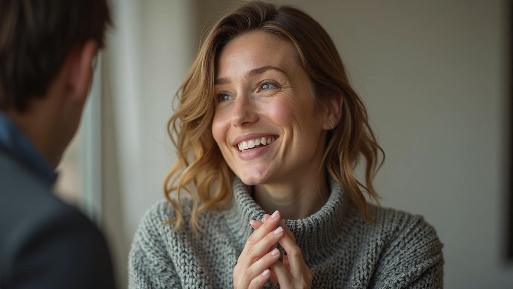 Man en vrouw in gesprek bij een tafel, beide met open lichaamstaal en positieve energie