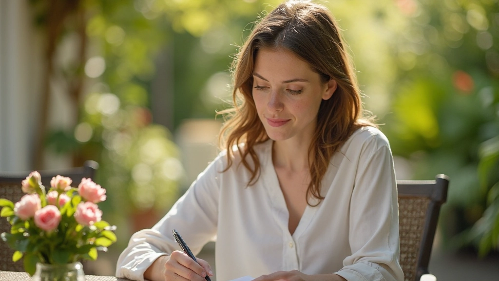 Persoon schrijft in dagboek op zonnig terras met bloemen, reflectief moment van zelfgesprek