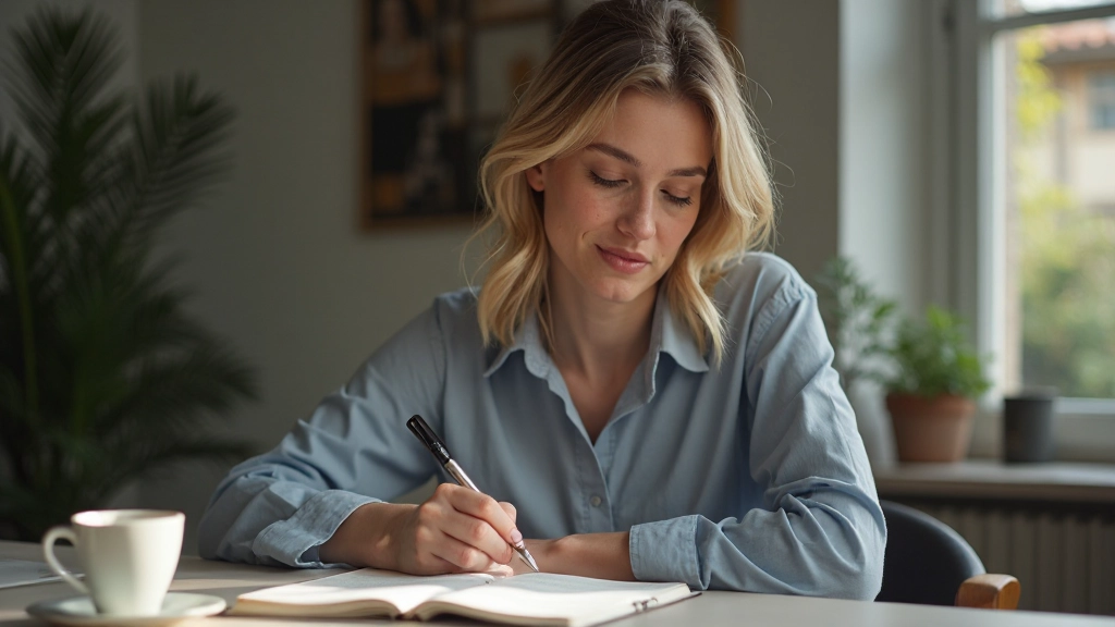 Persoon zittend aan bureau notities schrijvend met kopje thee erbij in rustige werkruimte